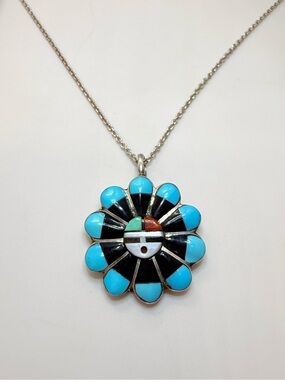 Vintage Zuni Sunface Pendant Necklace - Signed RJV Sterling Silver
